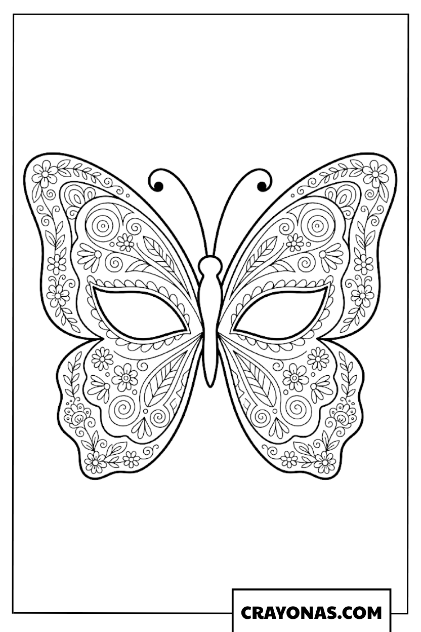 Elegant Floral Butterfly Mask Craft Coloring Page