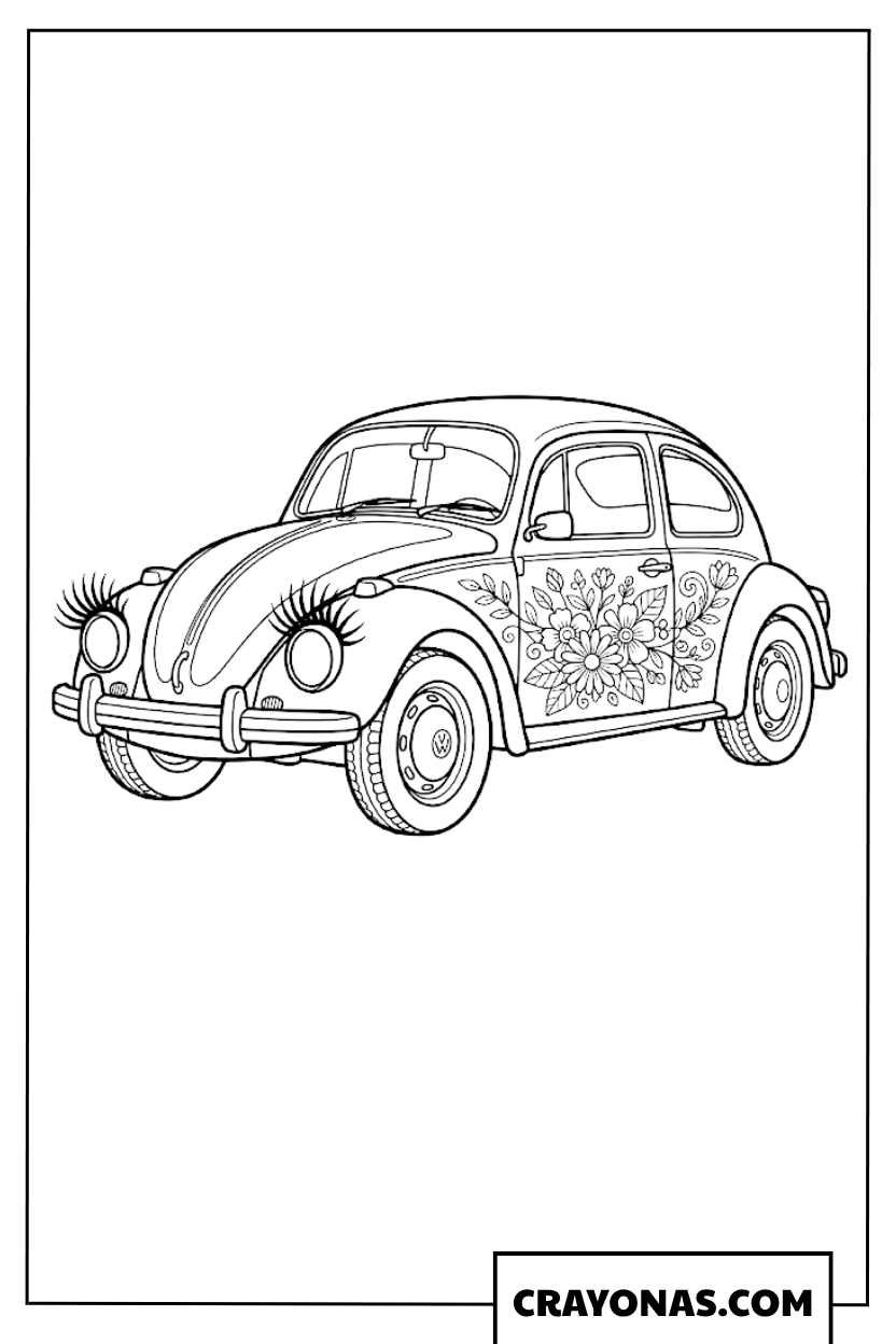 Elegant Floral Vintage Beetle Car Outline Coloring Page