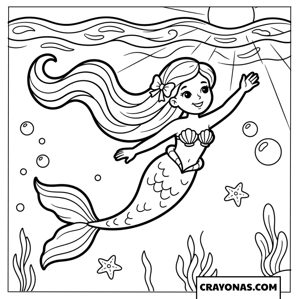 Elegant Mermaid Swimming Coloring Page