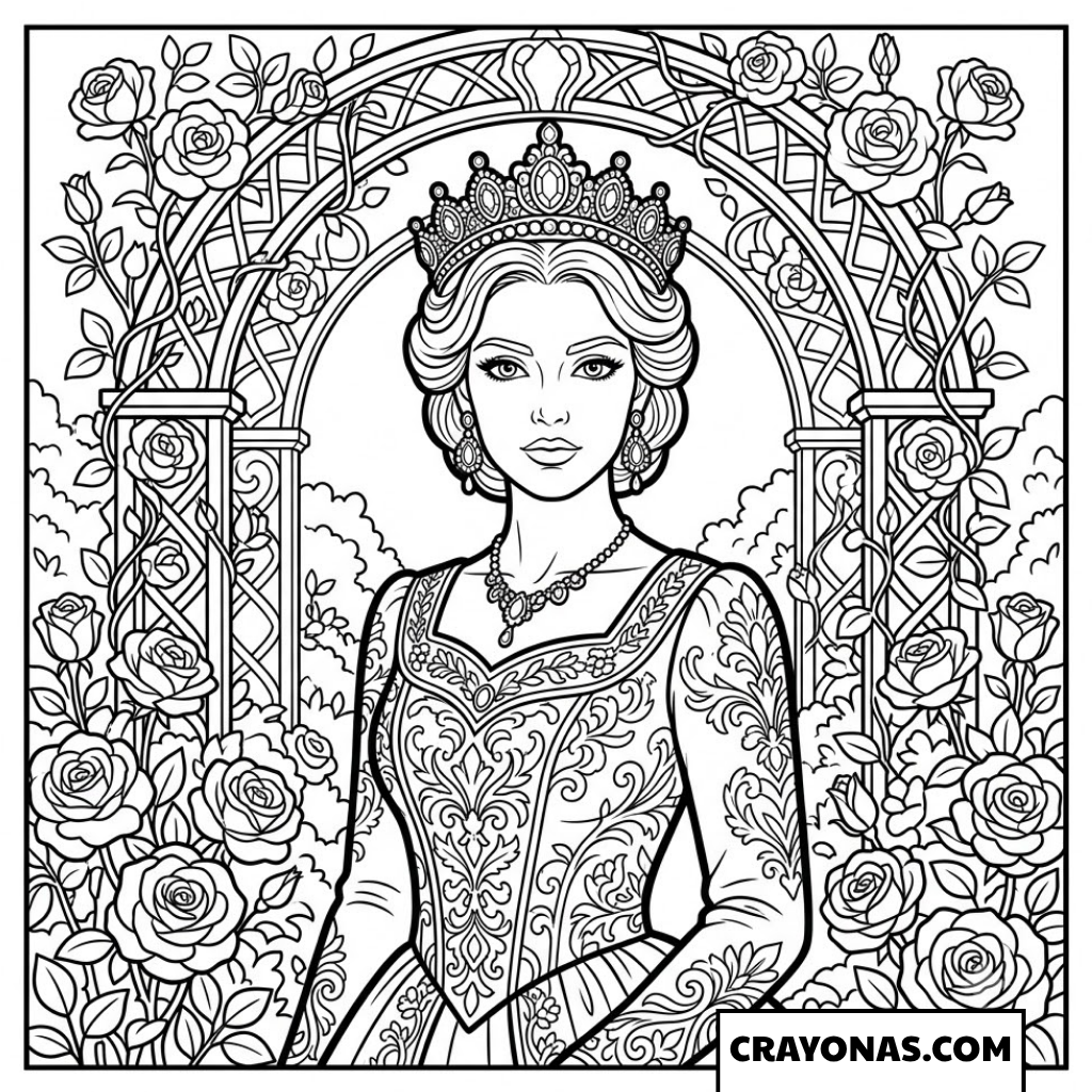 Elegant Princess with Rose Arch Coloring Page