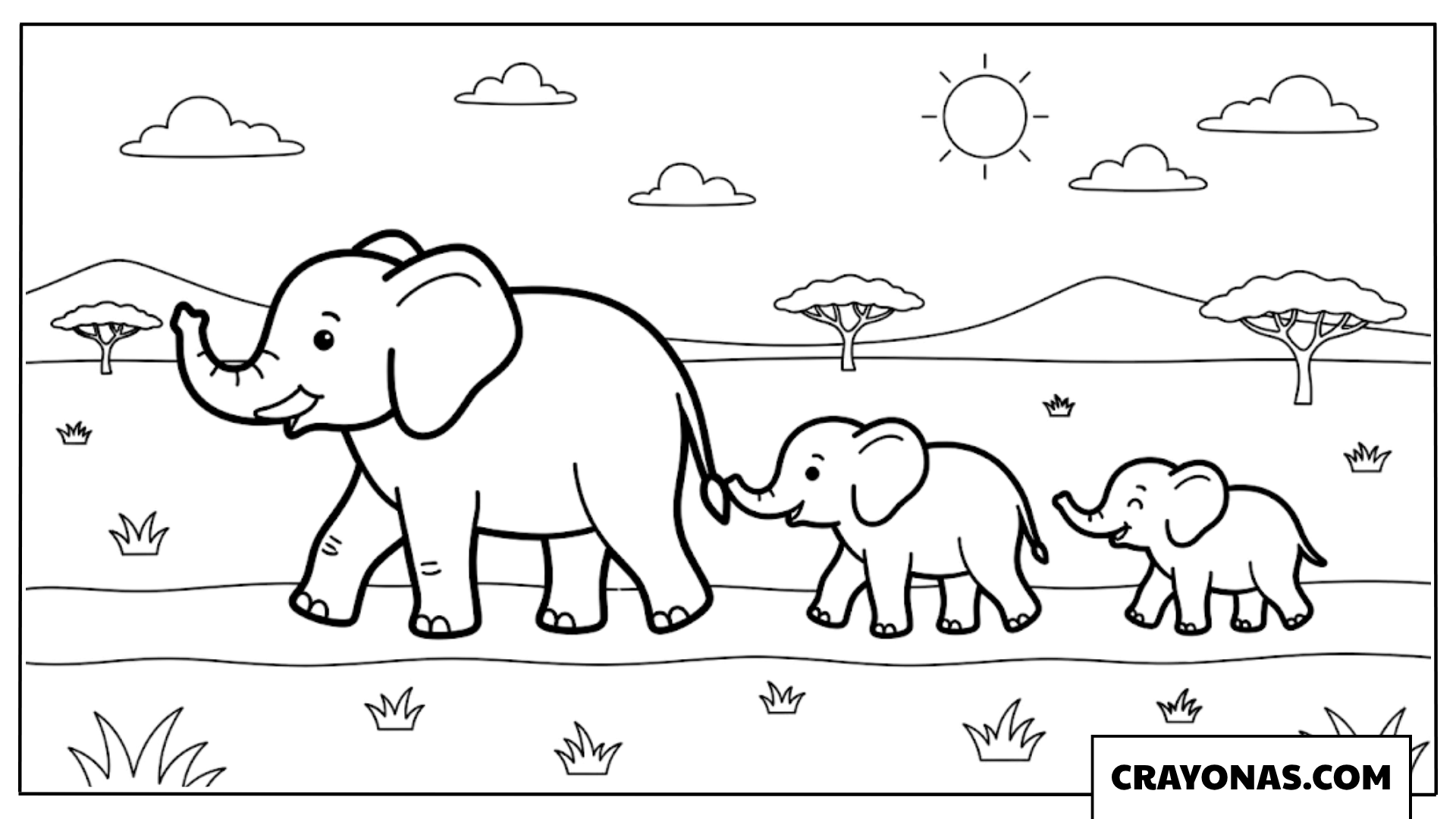 Elephant Family Walking Together Coloring Page