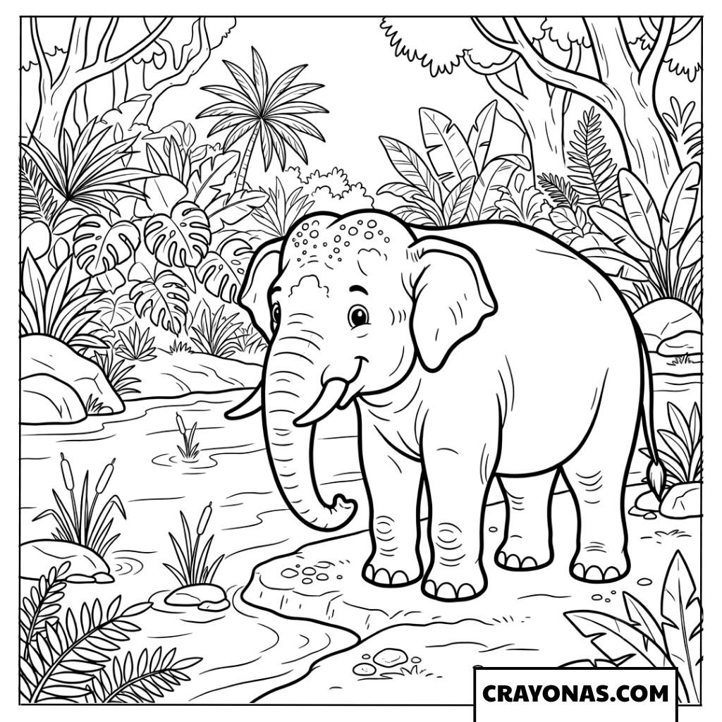 Elephant Family by the River Coloring Page
