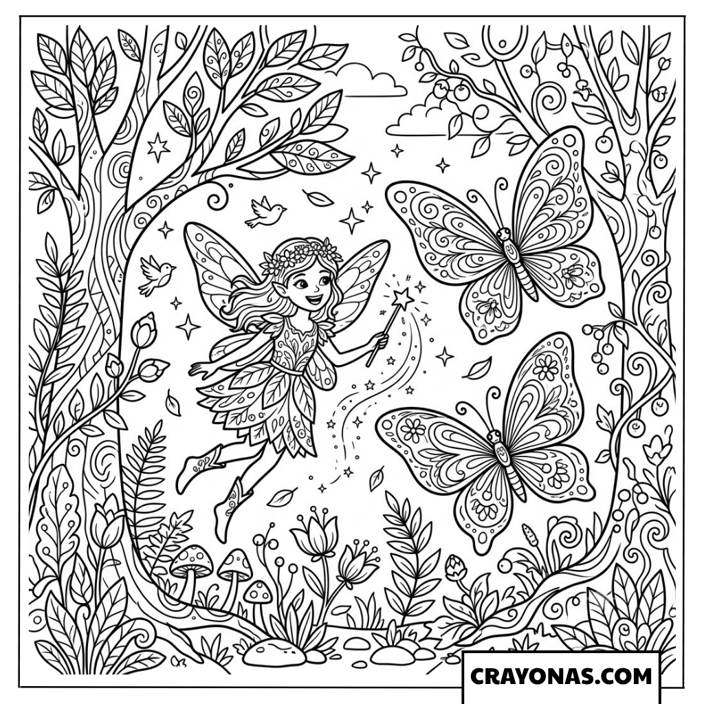 Enchanted Forest Butterfly Fairy Flying with Friends Coloring Page