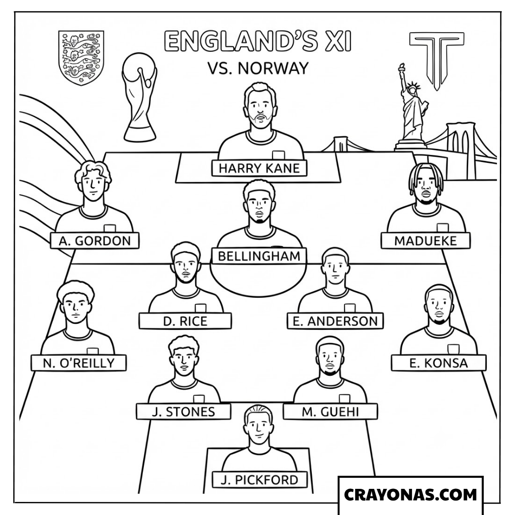 England National Team Lineup Coloring Page