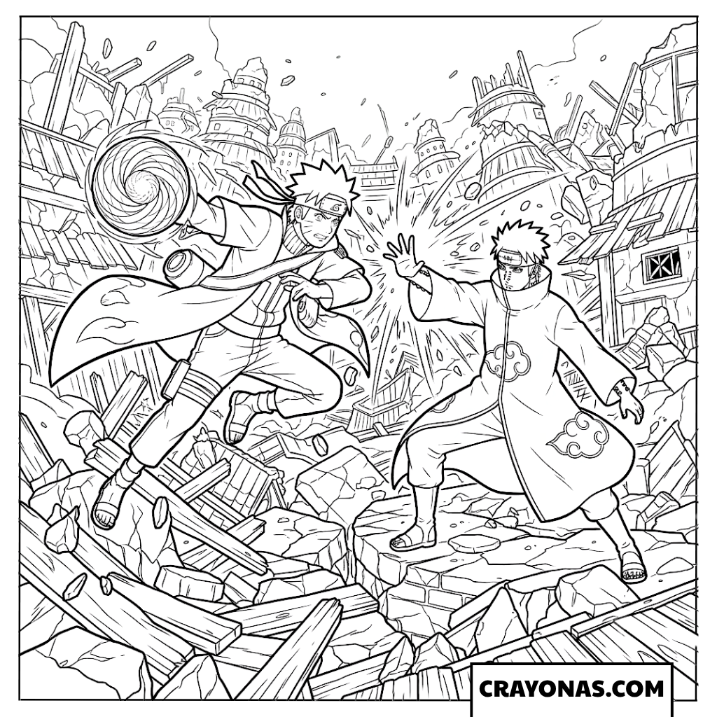 Epic Naruto Uzumaki vs Pain Battle in Destroyed Leaf Village Coloring Page