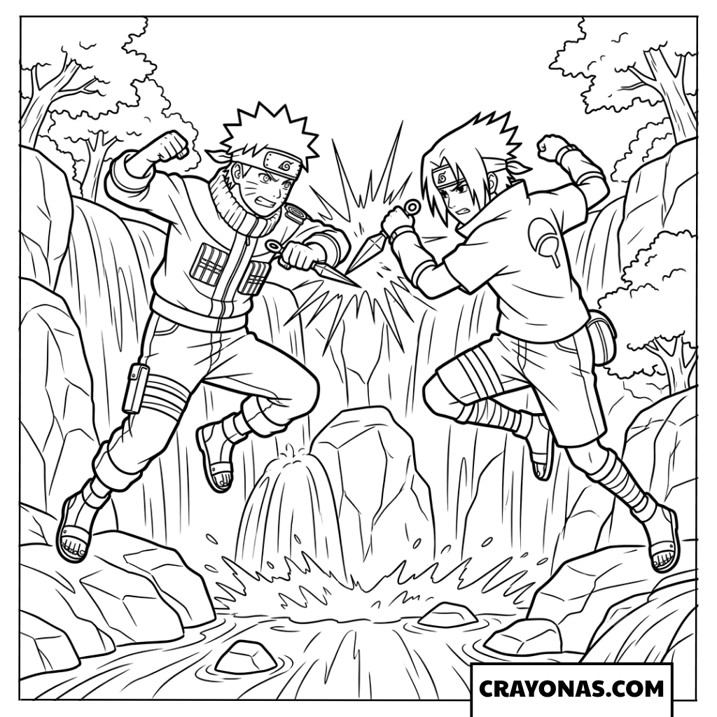 Epic Naruto vs Sasuke Kunai Clash Coloring Page