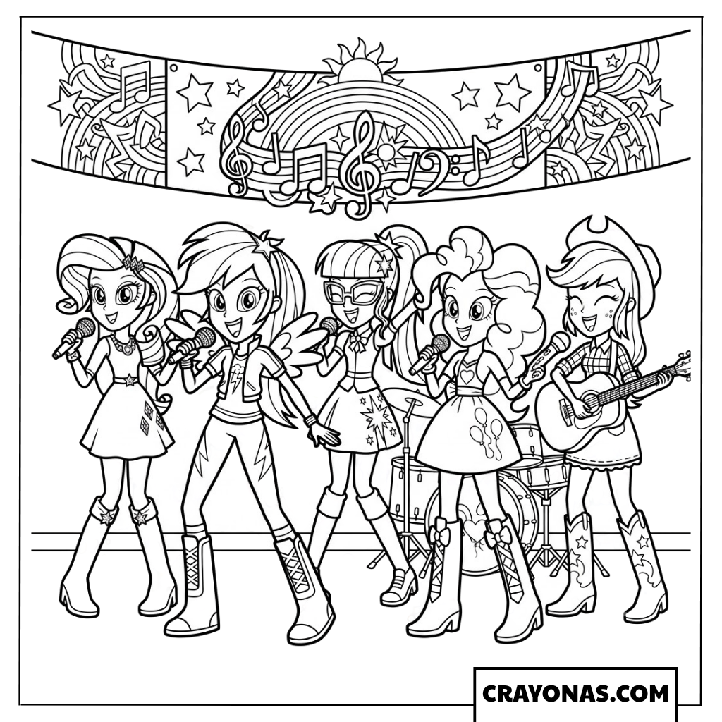 Equestria Girls Rainbooms Band Performing Full Lineup Group Concert Coloring Page