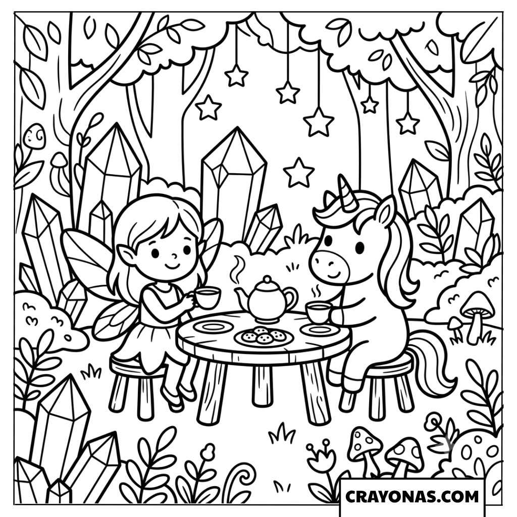Fairy Girl Tea Party with Unicorn Coloring Page