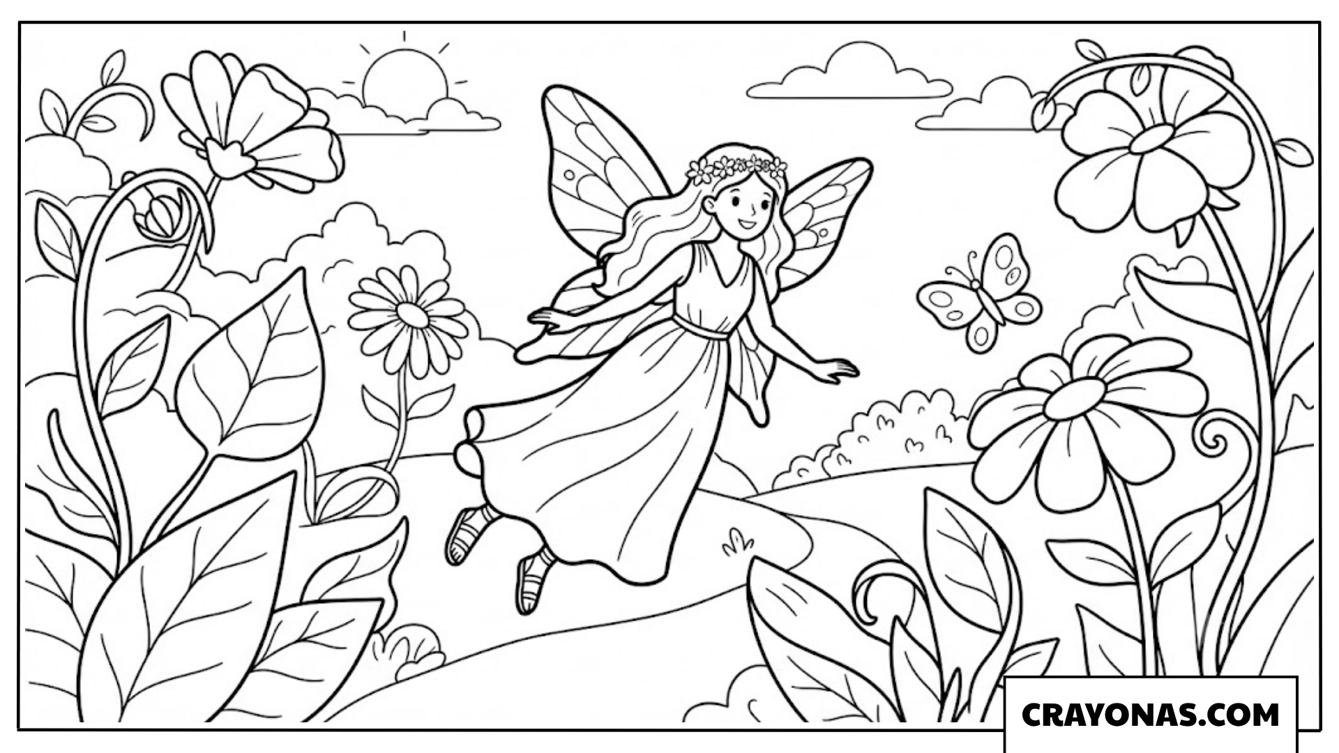 Fairy Princess Flying in Garden Coloring Page