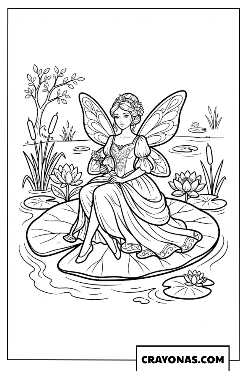 Fairy Princess Sitting on Lily Pad Coloring Page