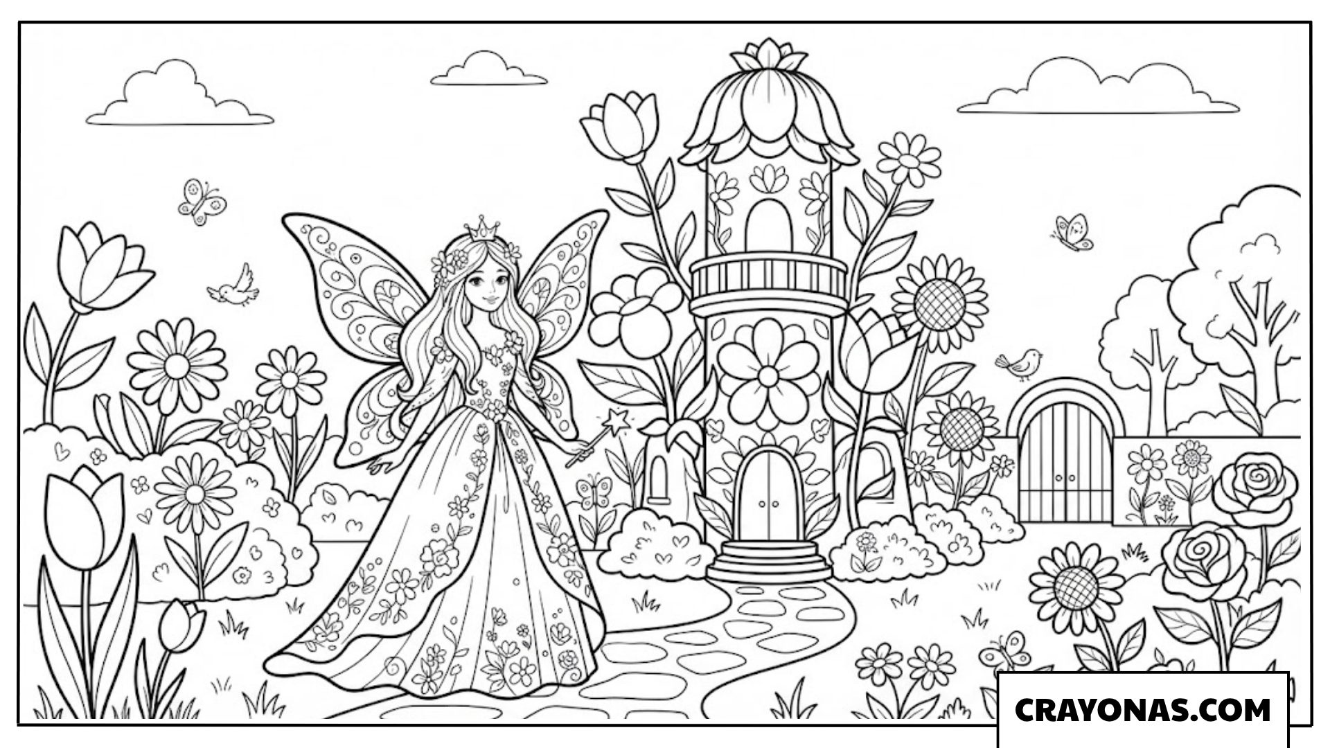 Fairy Princess and Flower Palace Coloring Page