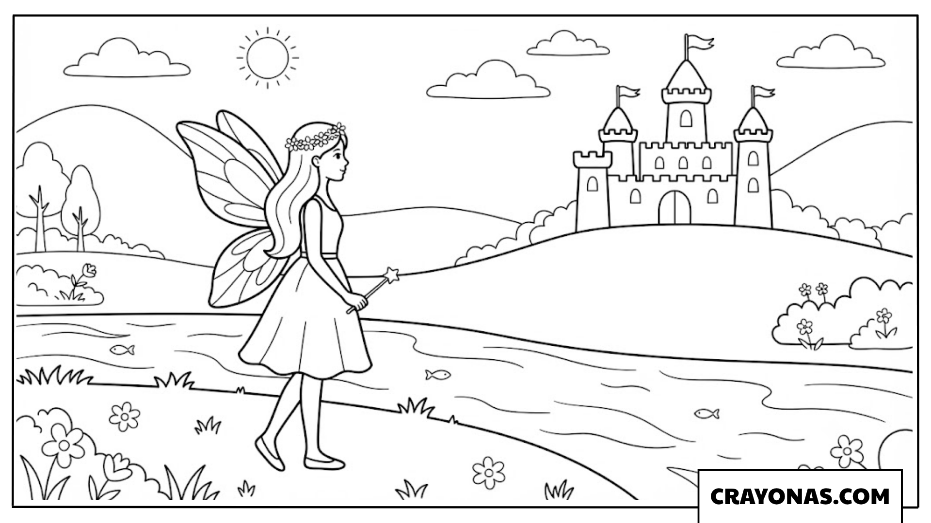 Fairy Princess and Magical Castle Coloring Page