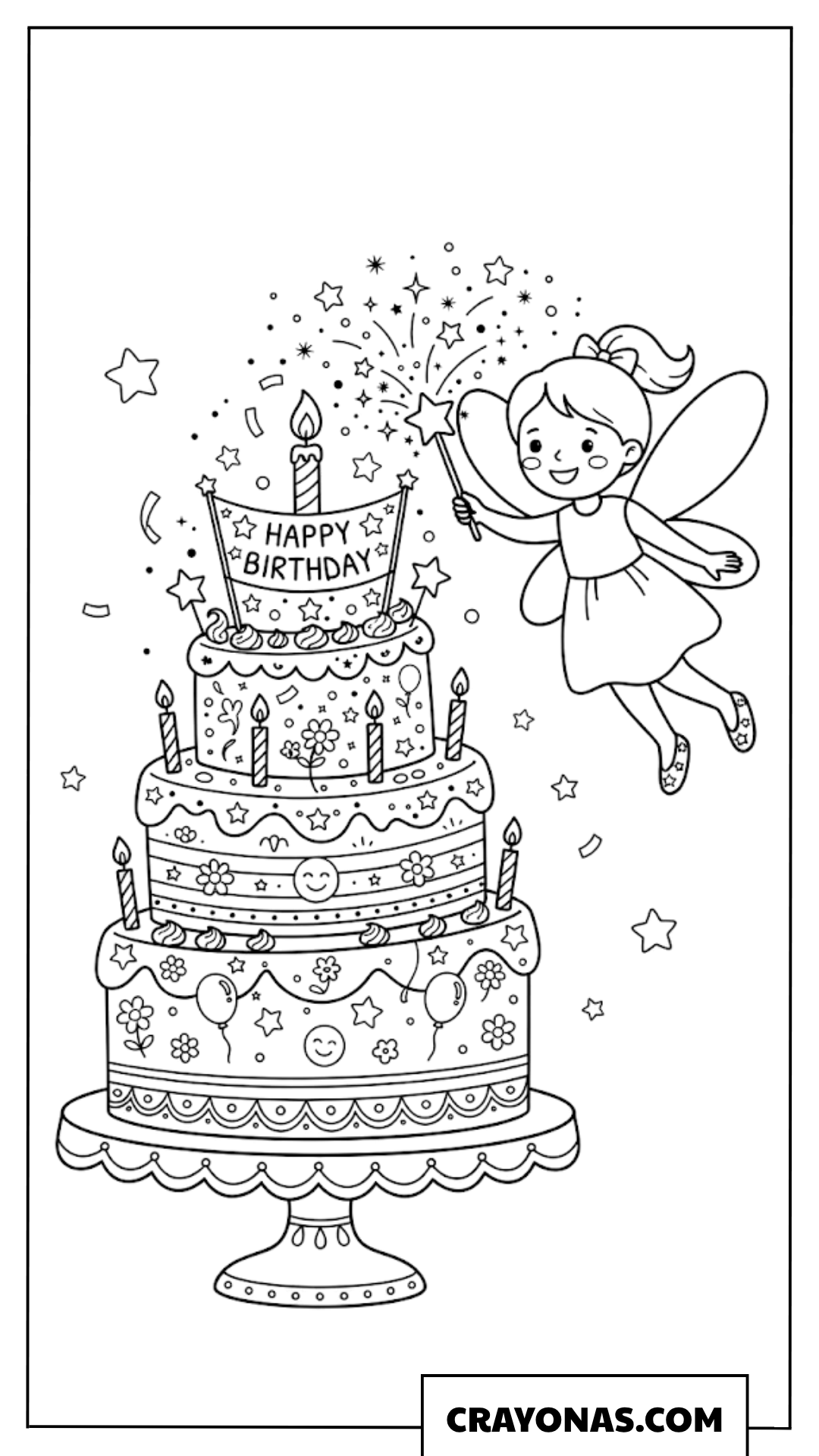 Fairy with Birthday Cake Coloring Page