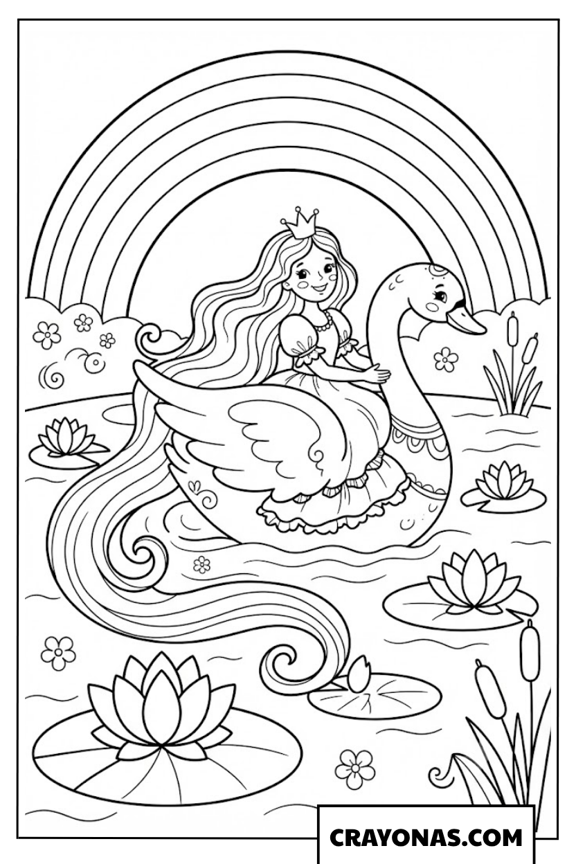 Fantasy Princess Riding Swan with Long Hair Coloring Page