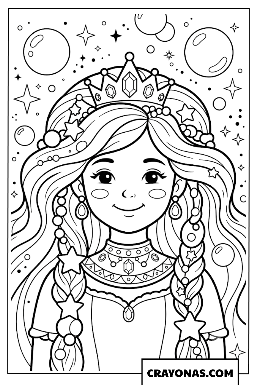 Fantasy Princess with Braided Long Hair and Crown Coloring Page
