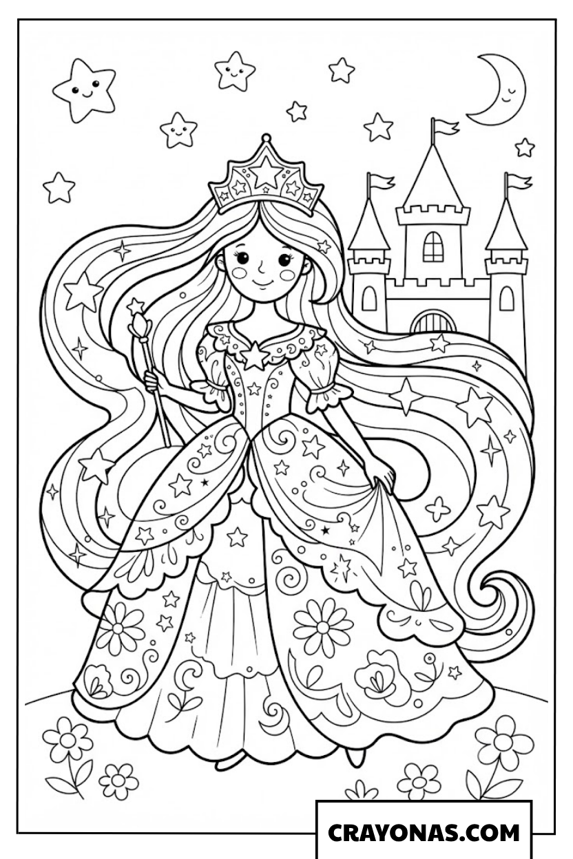 Fantasy Princess with Long Flowing Hair and Castle Coloring Page