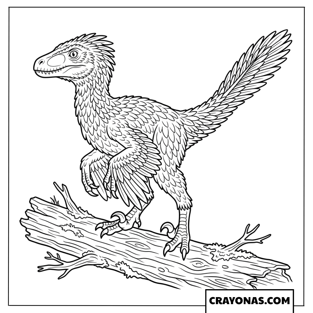 Feathered Velociraptor Perched on Log Coloring Page