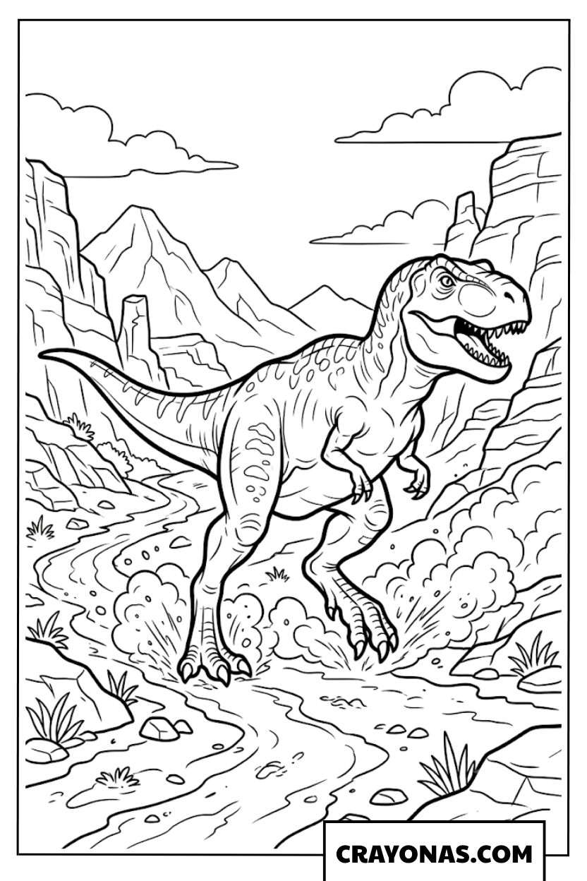 Fierce T-Rex Running Along Mountain River Coloring Page