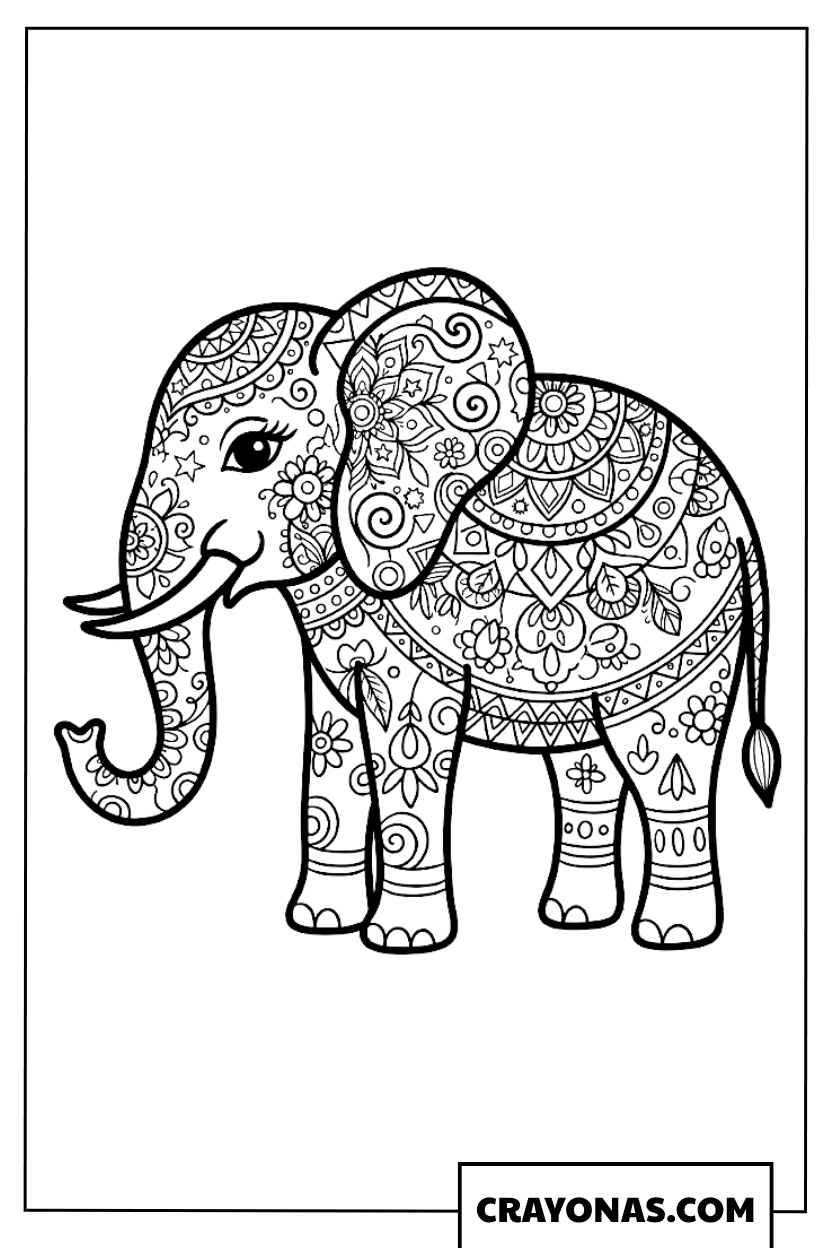 Floral Mandala African Elephant Coloring Page