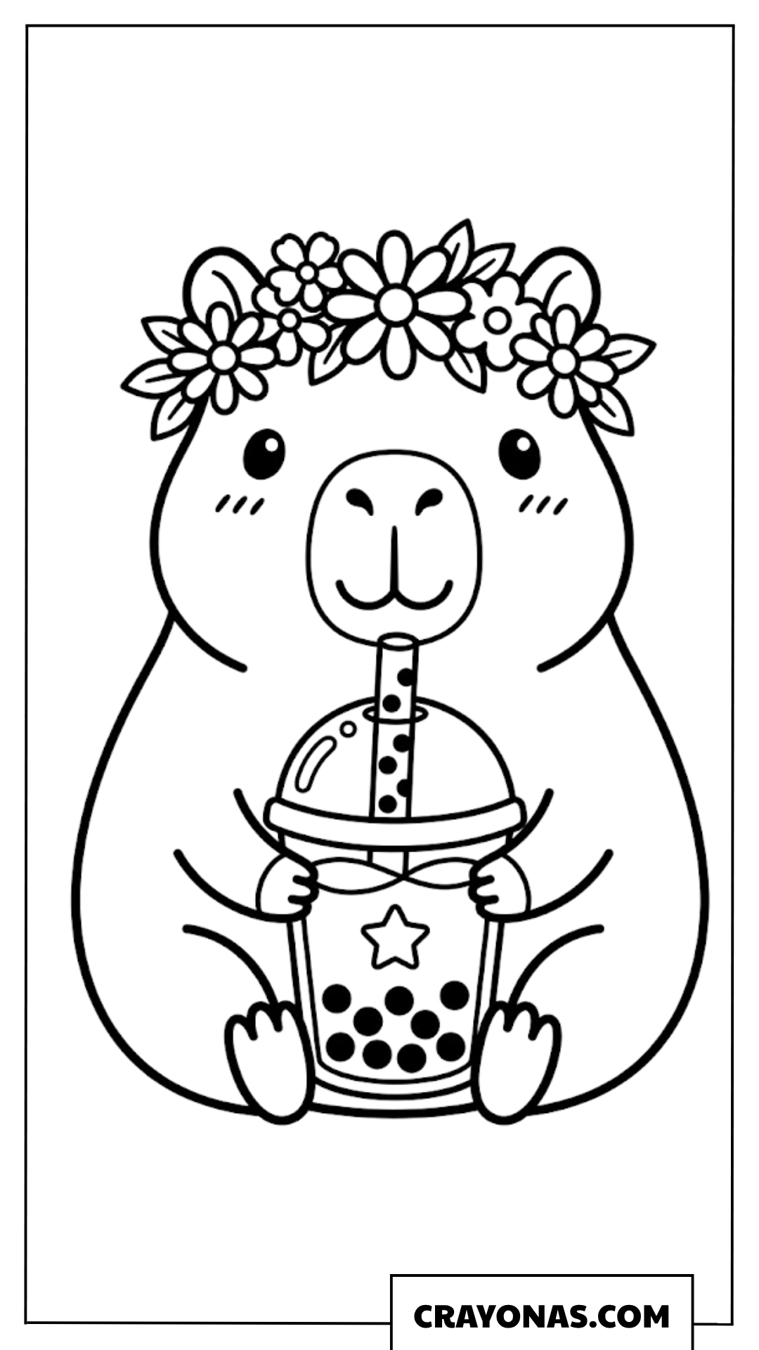 Flower Crown Capybara Holding Bubble Tea Coloring Page