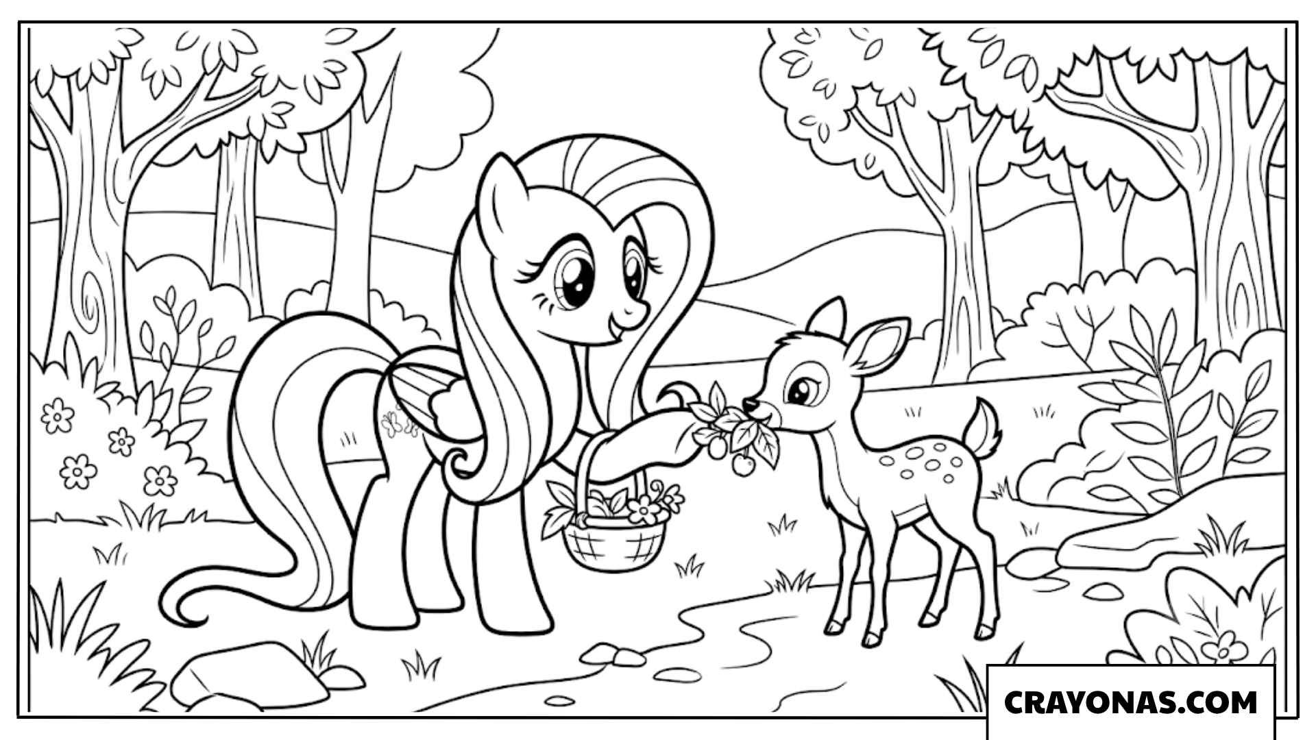 Fluttershy Feeding Cute Baby Deer in Deep Woods Coloring Page