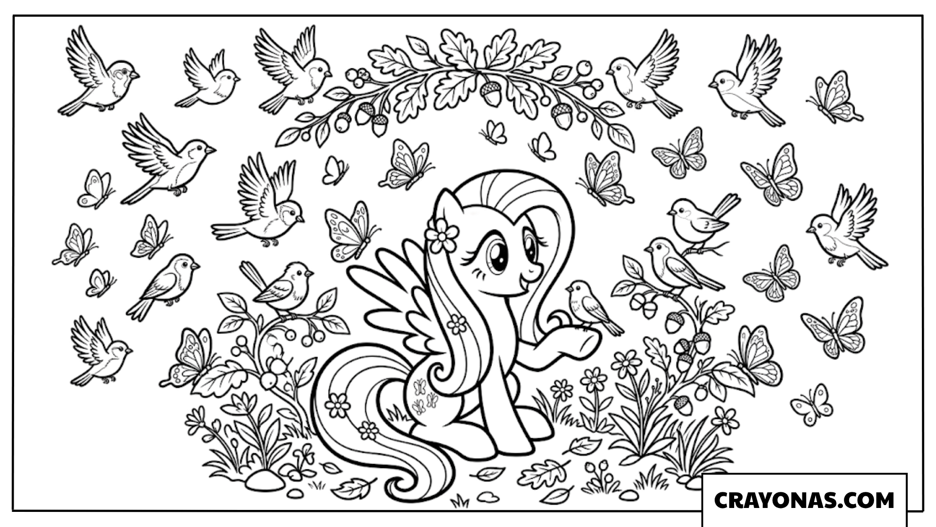 Fluttershy Surrounded by Flying Forest Birds and Butterflies Coloring Page