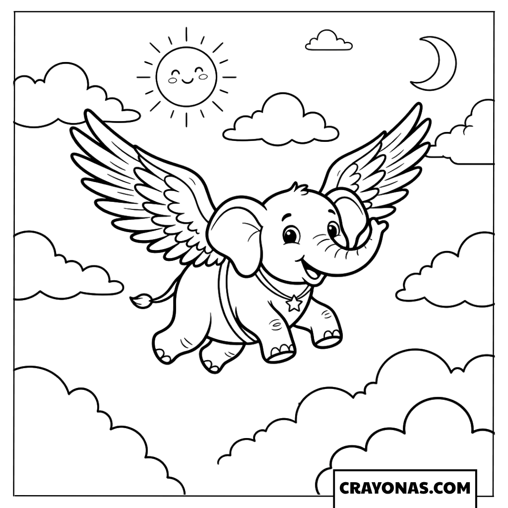 Flying Elephant with Wings Coloring Page