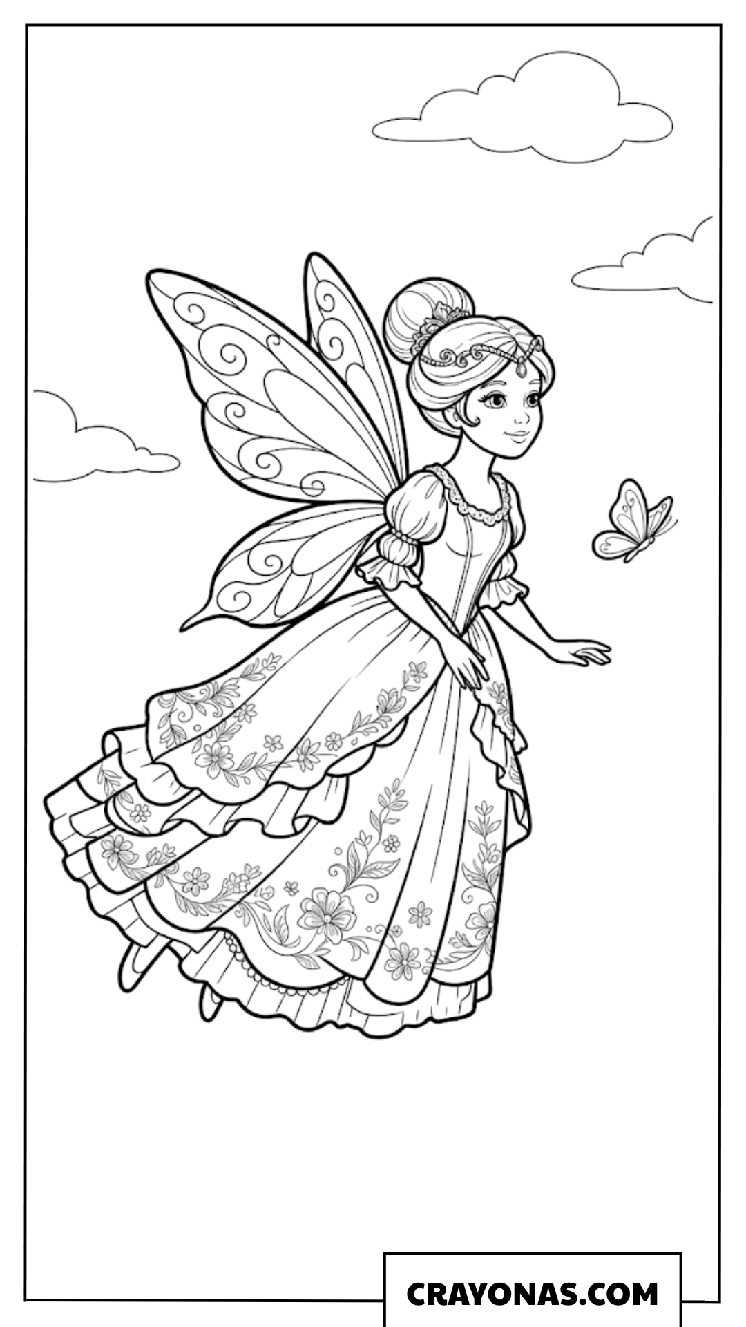 Flying Fairy Princess with Butterfly Coloring Page