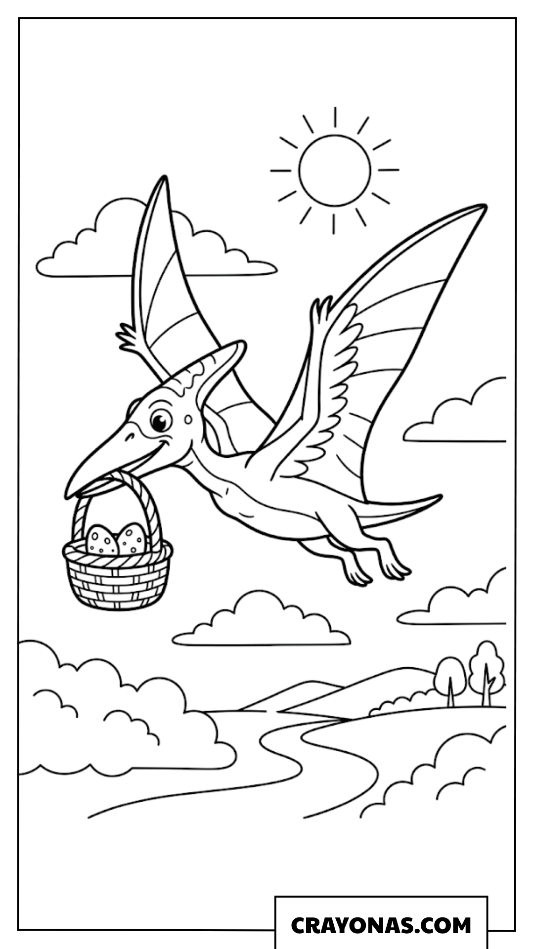 Flying Pterodactyl Carrying Egg Basket in Sky Coloring Page