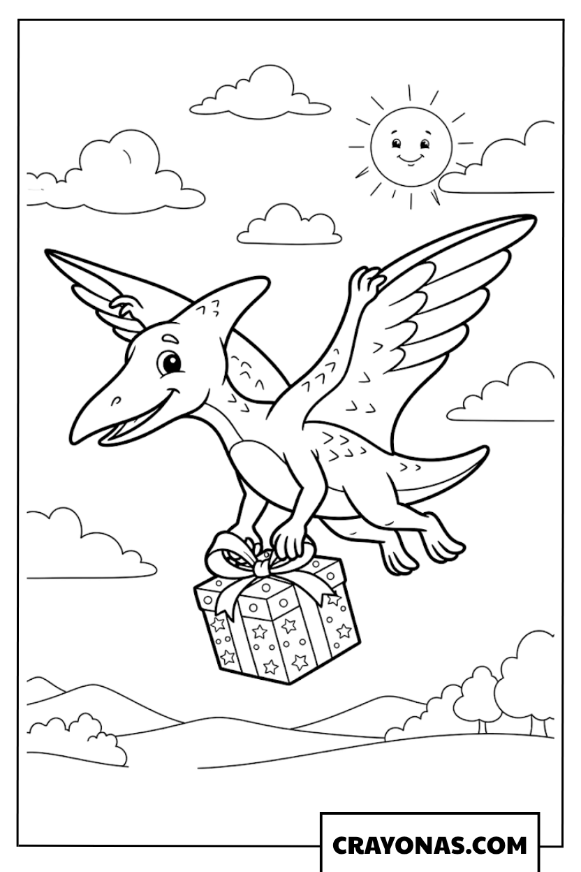 Flying Pterodactyl with Gift Coloring Page
