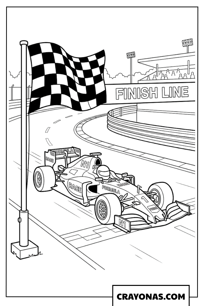 Formula 1 Race Car Crossing Finish Line Coloring Page