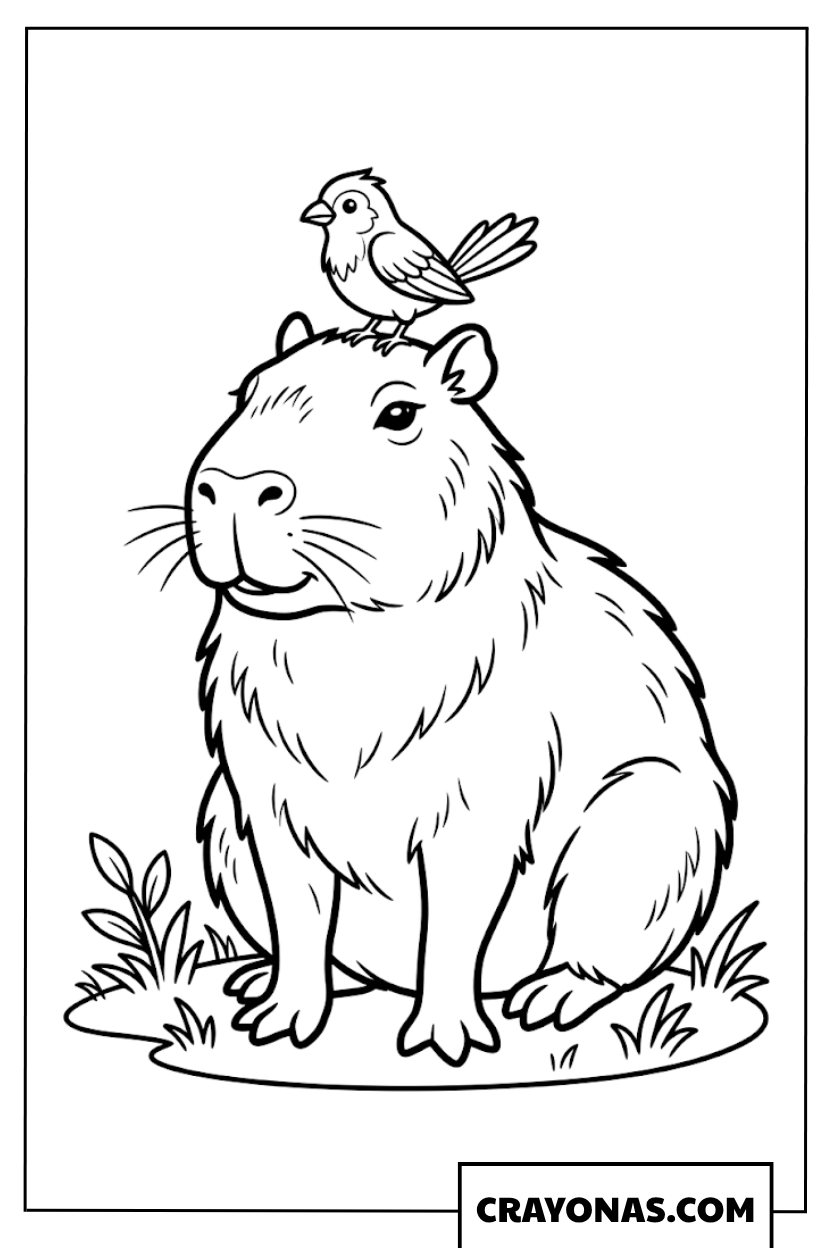 Friendly Capybara with Little Bird on Head Coloring Page