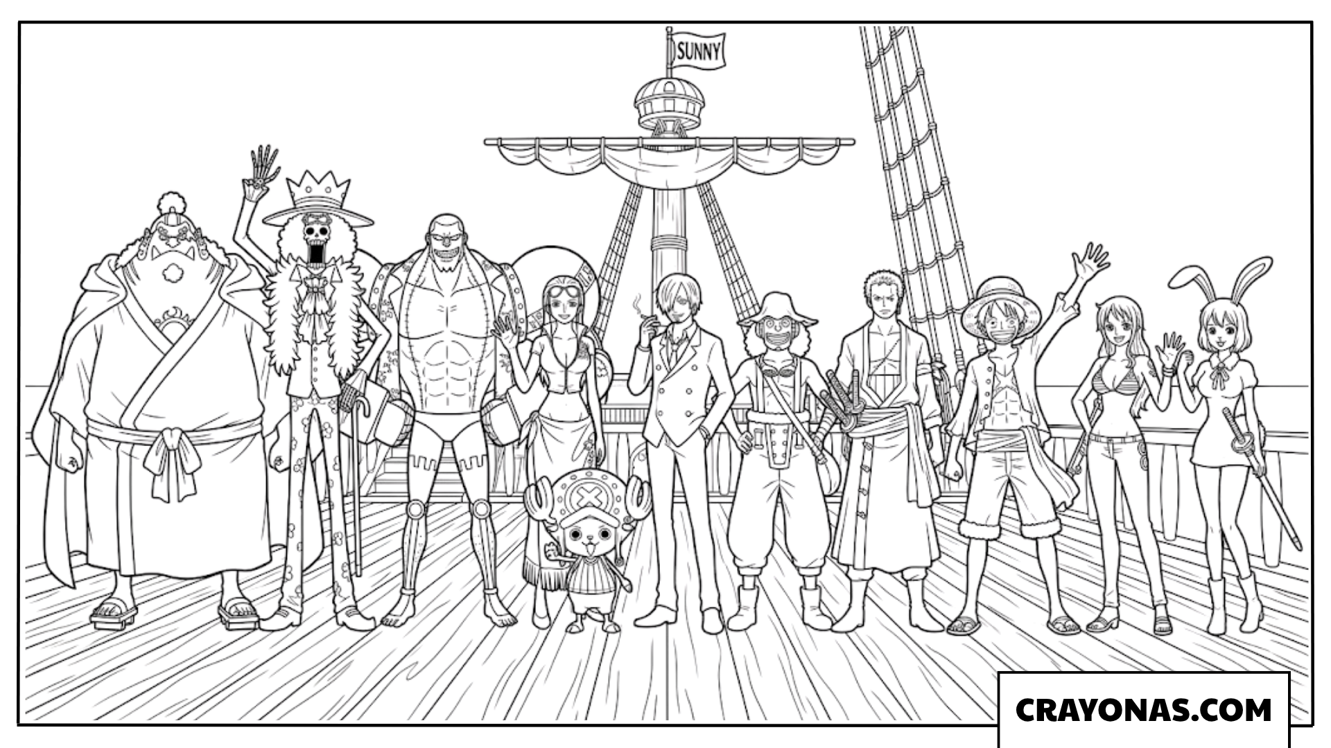 Full Straw Hat Crew Standing Together On Ship Deck Coloring Page