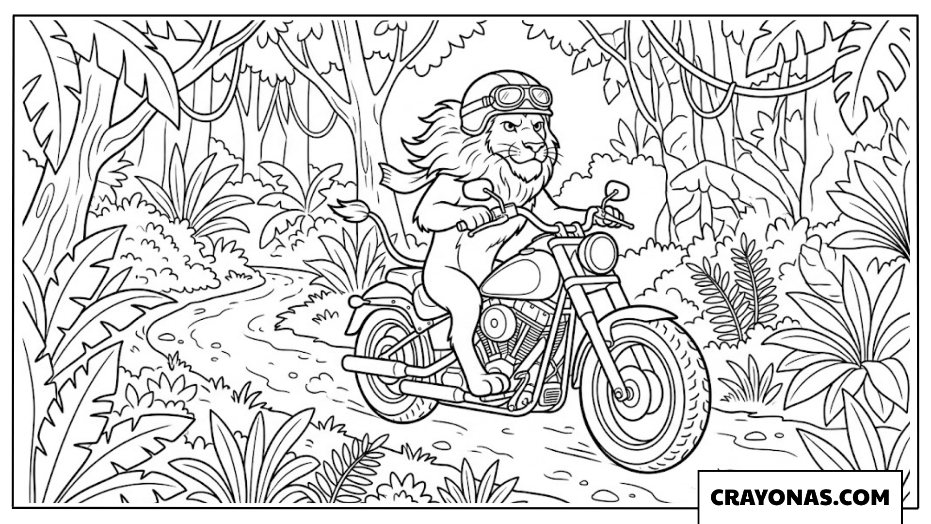 Funny Monkey Riding a Motorcycle Through Jungle Path Coloring Page
