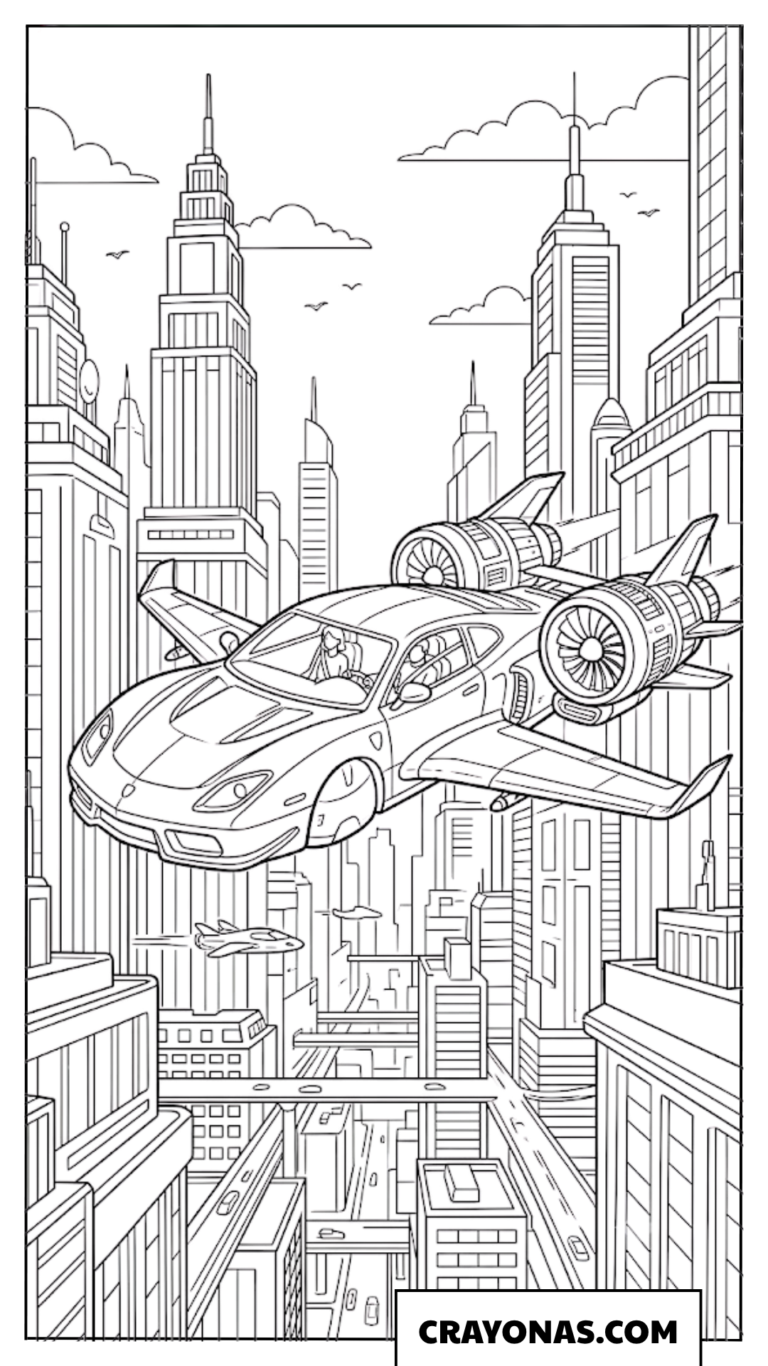 Futuristic Flying Car Soaring Over Cyberpunk City Coloring Page