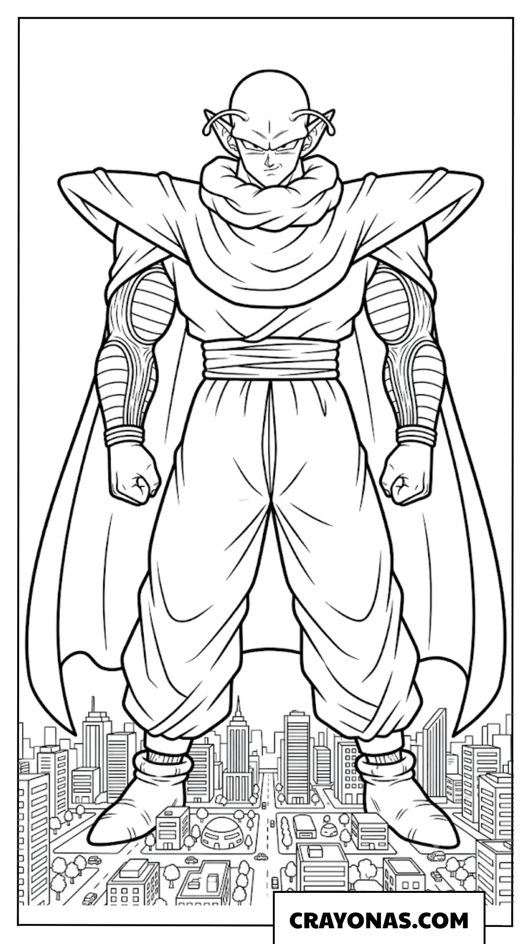 Giant Form Piccolo Standing Over Modern City Skyline Coloring Page