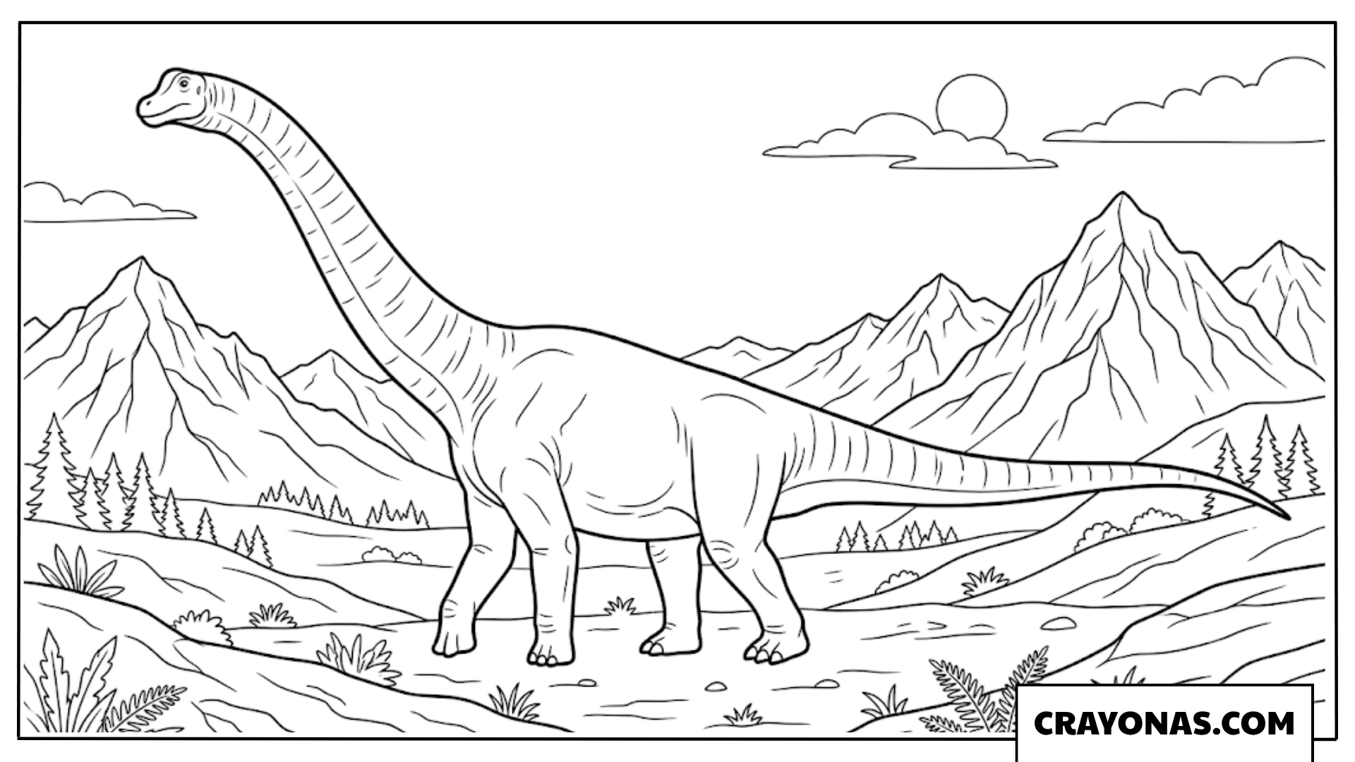 Giant Sauropod Dinosaur Walking Past Mountain Range Coloring Page