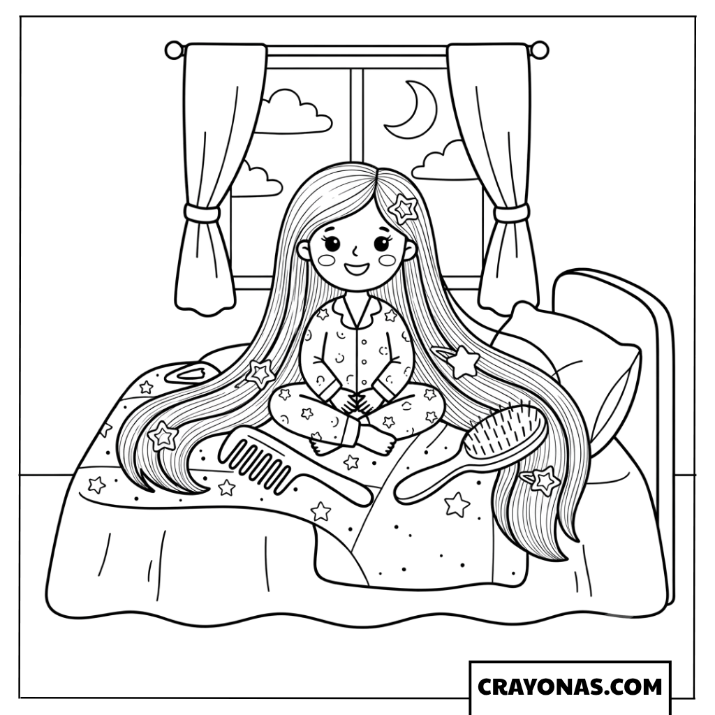 Girl Brushing Hair Before Bed Coloring Page