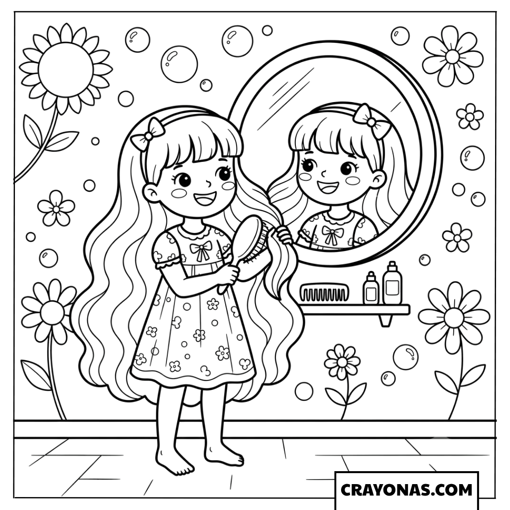 Girl Brushing Hair in Front of Mirror Coloring Page