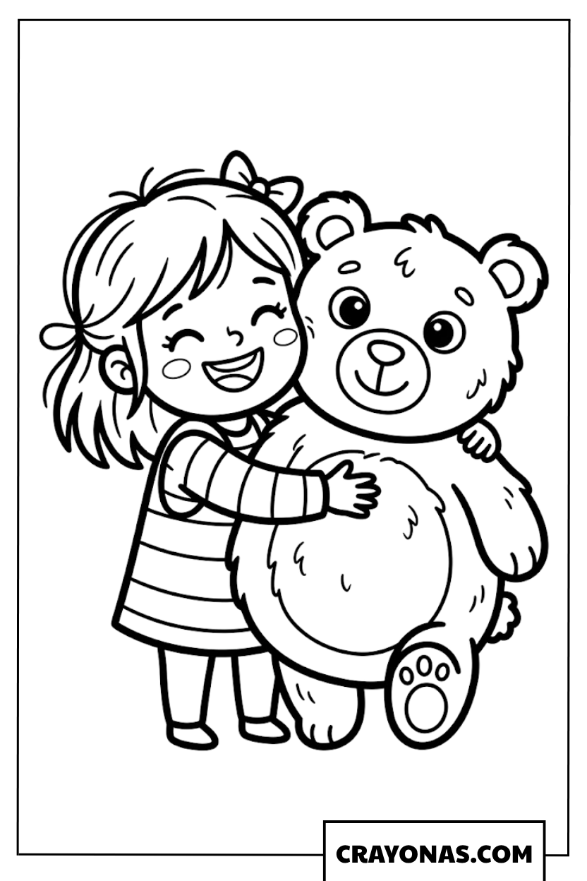 Girl Hugging Teddy Bear Coloring Page
