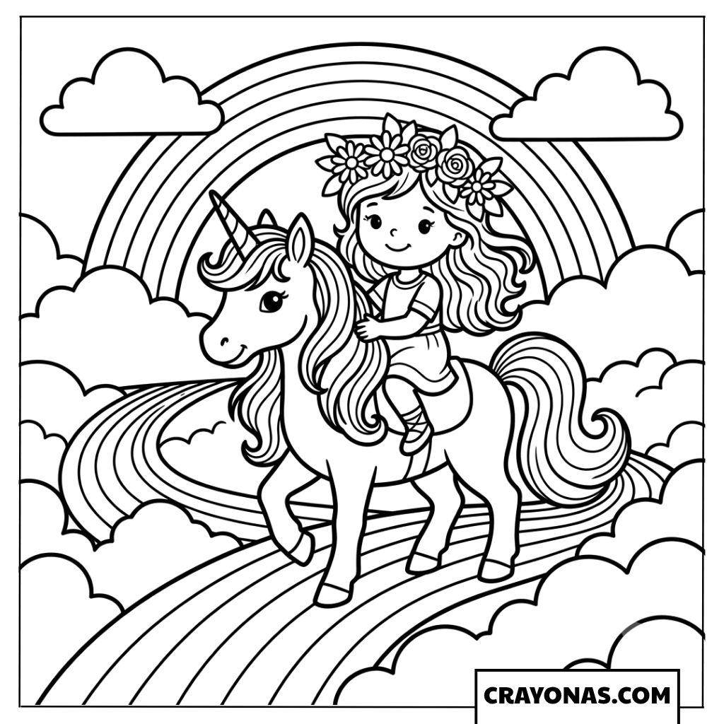 Girl Riding Unicorn Under Rainbow Coloring Page