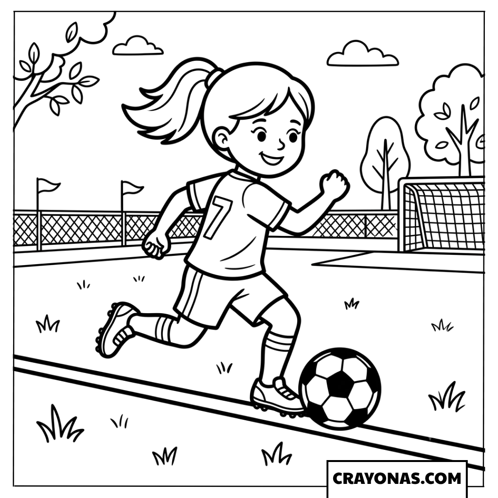 Girl Soccer Player Dribbling Coloring Page