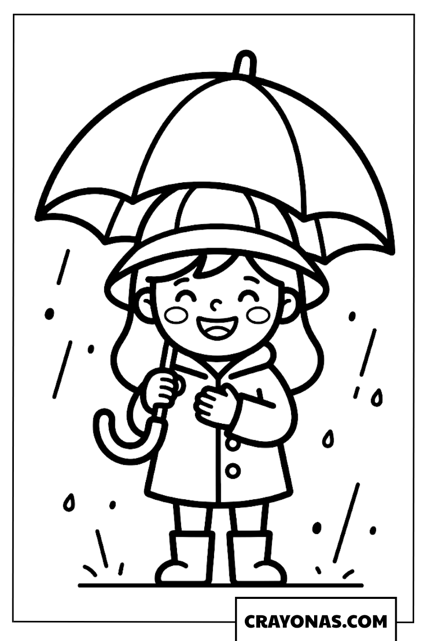 Girl with Umbrella in the Rain Coloring Page