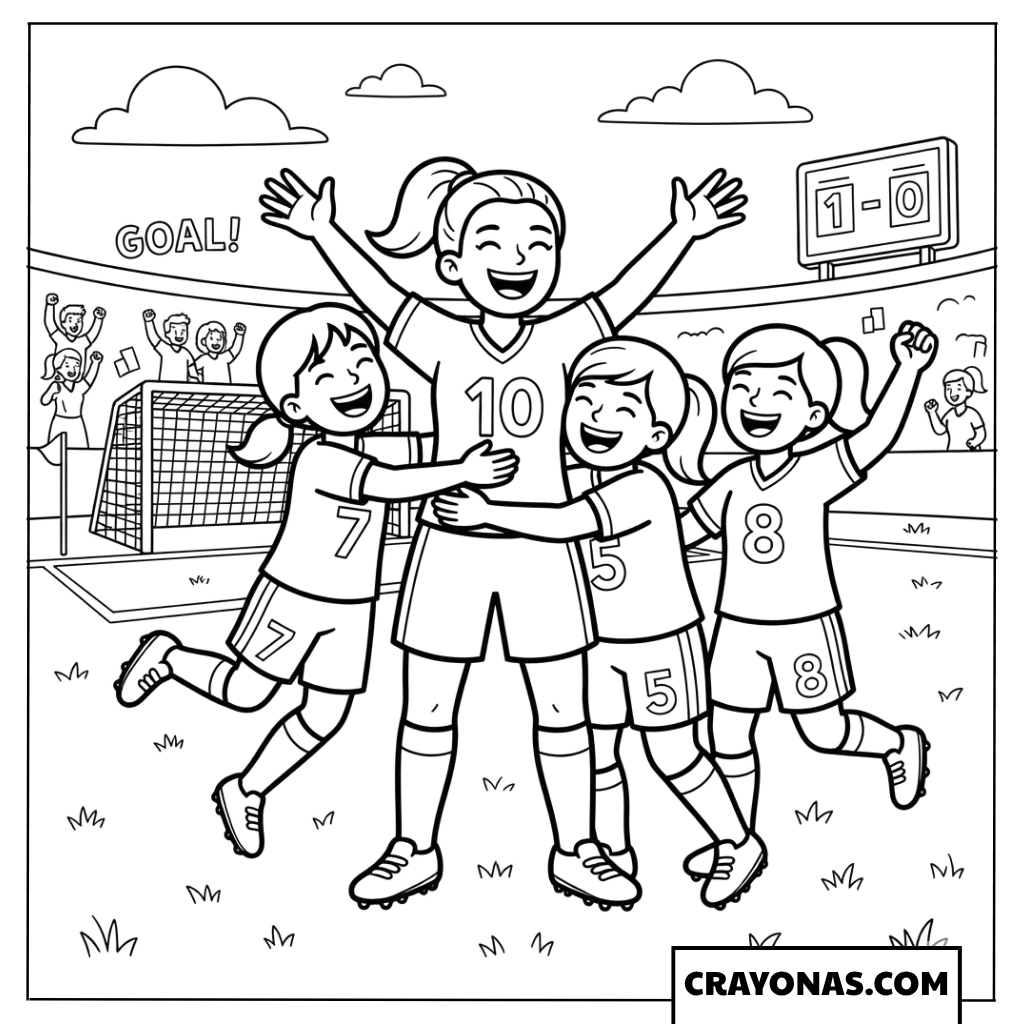 Girls Soccer Team Celebrating Victory Coloring Page