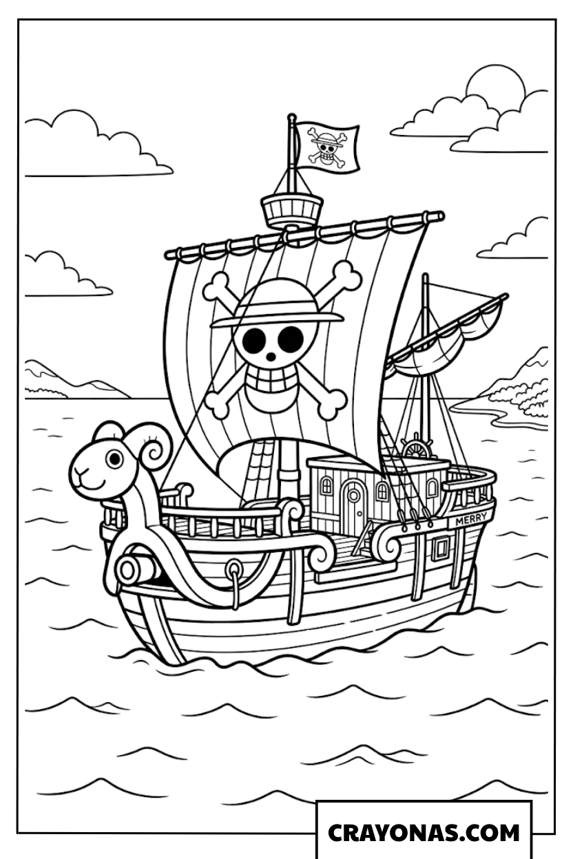 Going Merry Ship Sailing Near Coastal Mountains Coloring Page