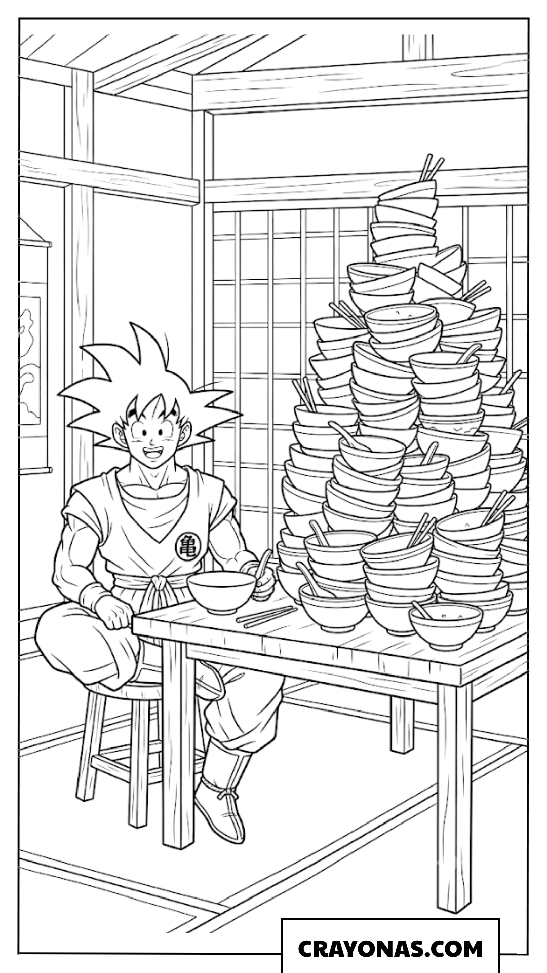 Goku Eating Mountain of Ramen Bowls in House Coloring Page
