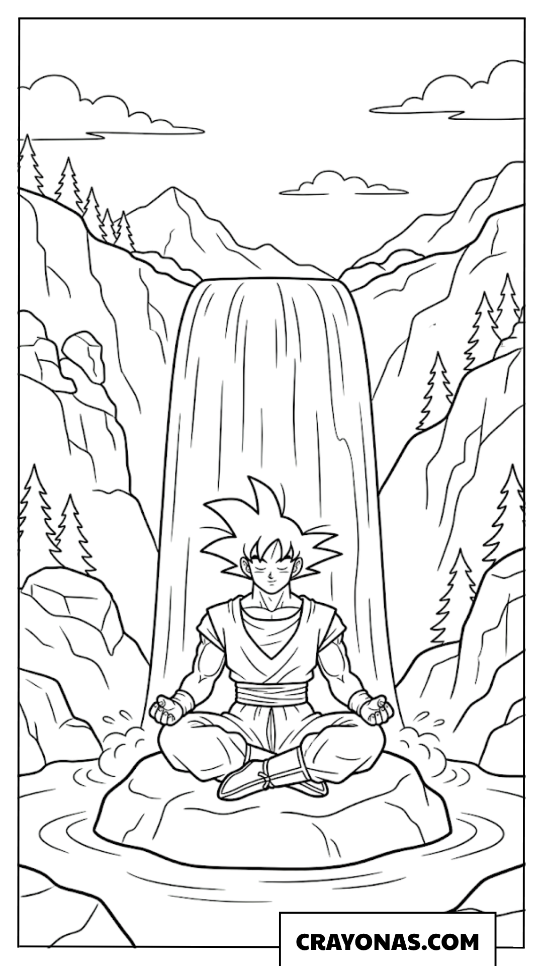 Goku Meditating Under Powerful Mountain Waterfall Coloring Page