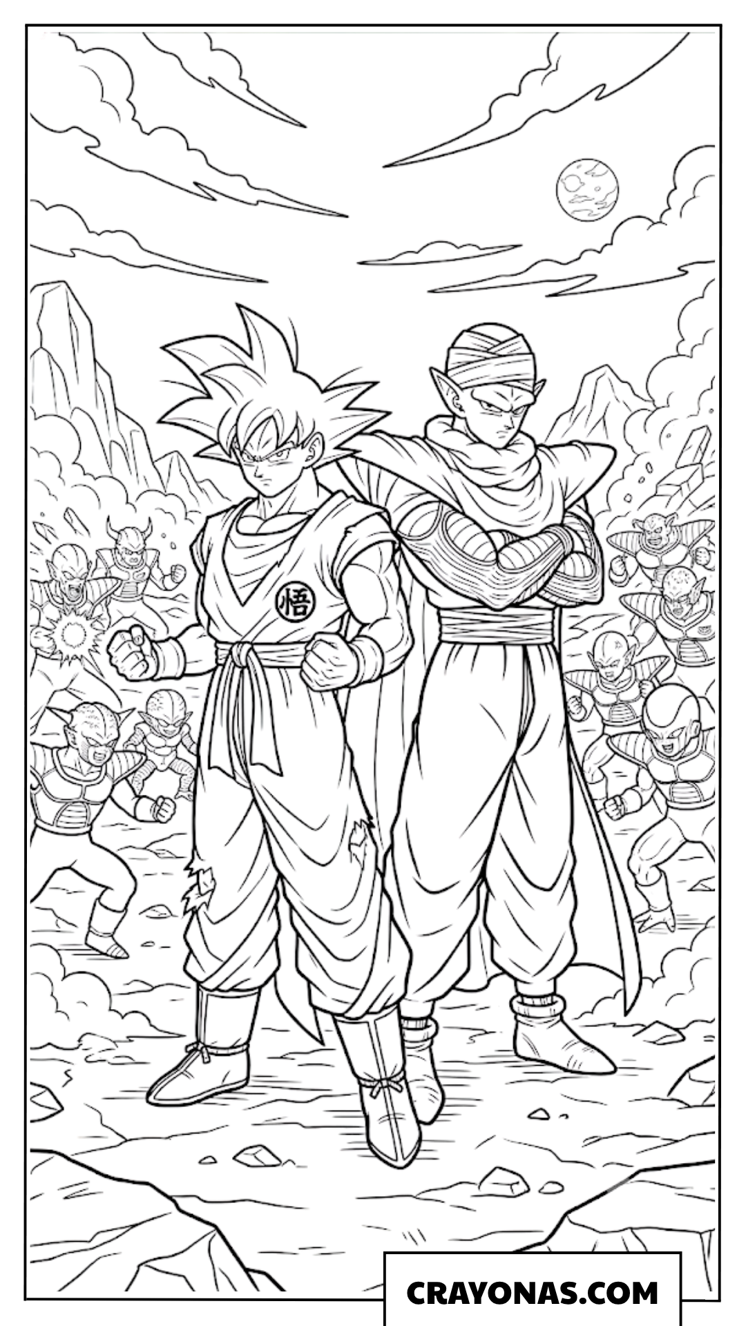 Goku and Piccolo Standing Together Against Frieza Army Coloring Page