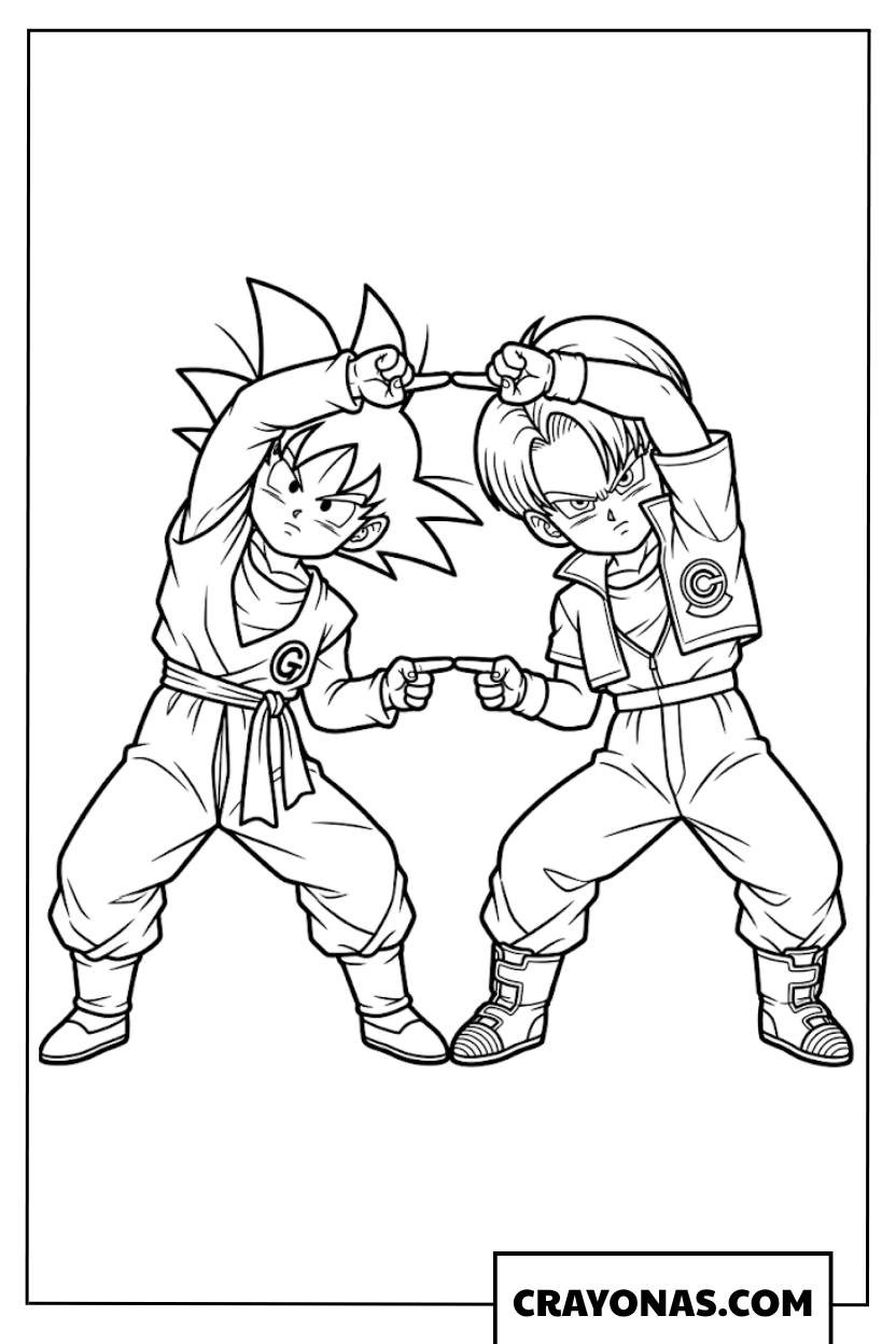 Goten and Trunks Performing Fusion Dance Alignment Coloring Page