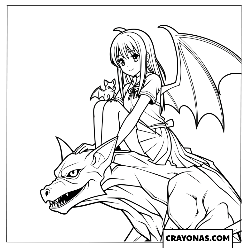 Gothic Anime Girl Riding Dragon Coloring Page
